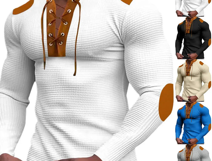 Cross-border new men's waffle color matching strap V-neck top casual long-sleeved bottoming T-shirt PlatiNum