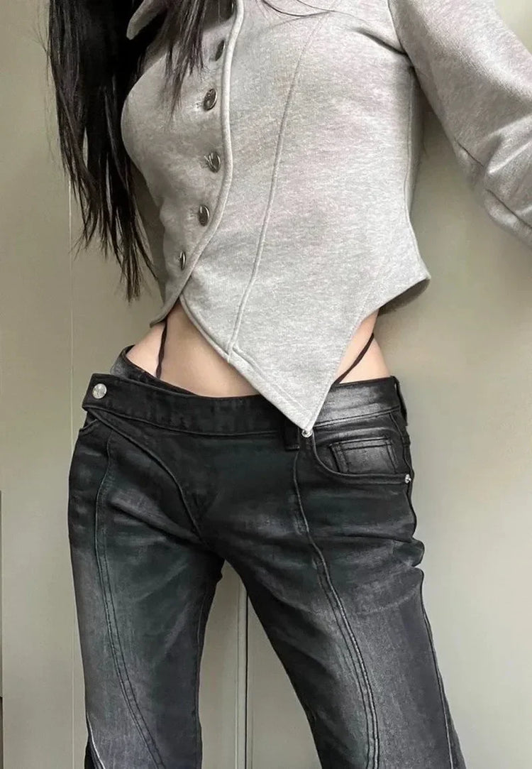 Karrram Vintage Distressed Low Waist Jeans Grunge Asymmetrical Waist Denim Pant Korean Fashion Black Flare Jeans Kpop Streetwear