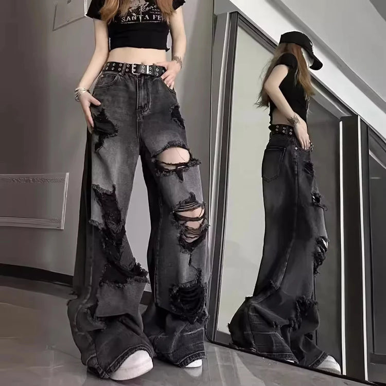 Jeans strappati unici e alla moda da donna, estivi, in stile americano, a zampa d'elefante, vestibilità ampia, versatili, a gamba dritta, lunghi