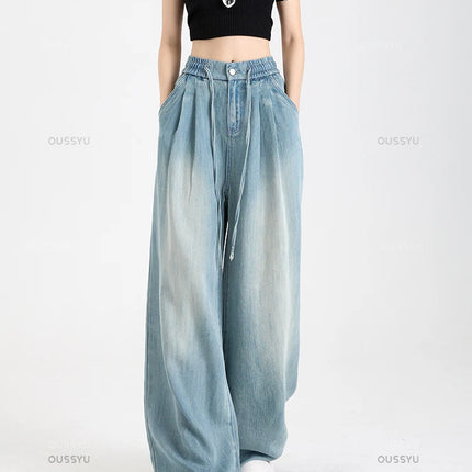 Estate di Lusso Morbido Accogliente 100% Tessuto Lyocell Donna Jeans Allentati Gamba Larga Elastico in Vita Pantaloni Moda Casual Più Lunghezza