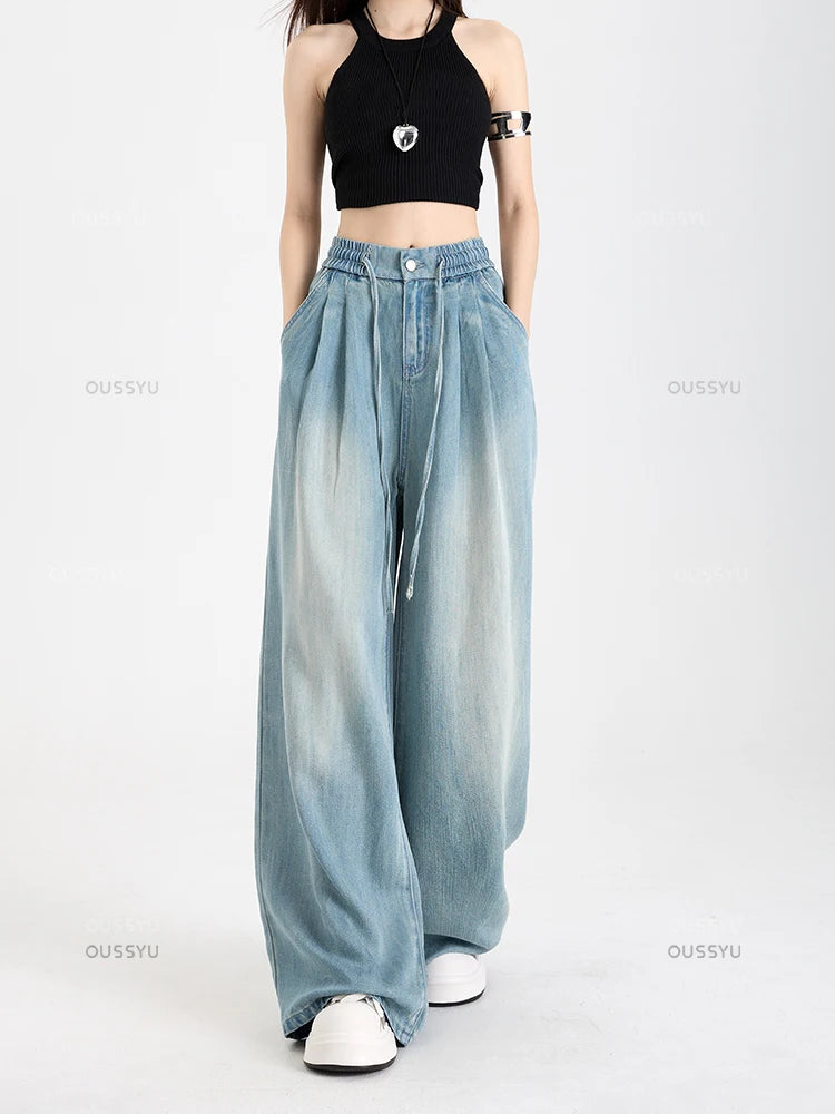 Estate di Lusso Morbido Accogliente 100% Tessuto Lyocell Donna Jeans Allentati Gamba Larga Elastico in Vita Pantaloni Moda Casual Più Lunghezza
