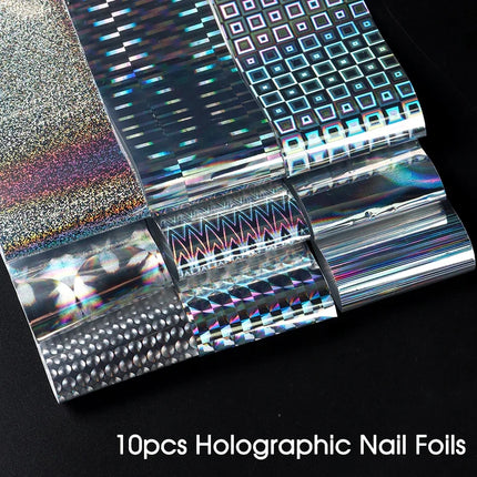 10pcs Holographic Chrome Silver Nail Art Foil Transfer Stickers Irridescent Rainbow Geometric Aurora Laser Nail Foils Decoration 2028