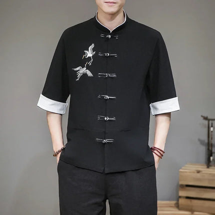Camicie con ricamo gru Abbigliamento tradizionale cinese vintage Mezza manica da uomo in lino Solido colletto Madarin Cardigan Hanfu Kungfu
