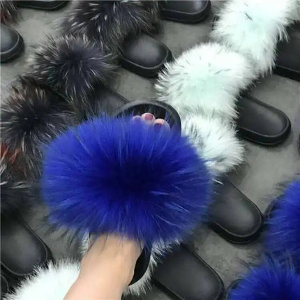 Real Raccoon Fur Slippers for Women 2023 Summer Fluffy Indoor Home Fuzzy Flat Slides Outdoor Fashion Beach Sandals Flip Flops
