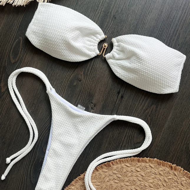 Nuovo Costume da Bagno Bikini Donna a Due Pezzi con Fascia Arricciata, Anello in Metallo e Perizoma platinumshop