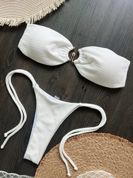 Nuovo Costume da Bagno Bikini Donna a Due Pezzi con Fascia Arricciata, Anello in Metallo e Perizoma platinumshop
