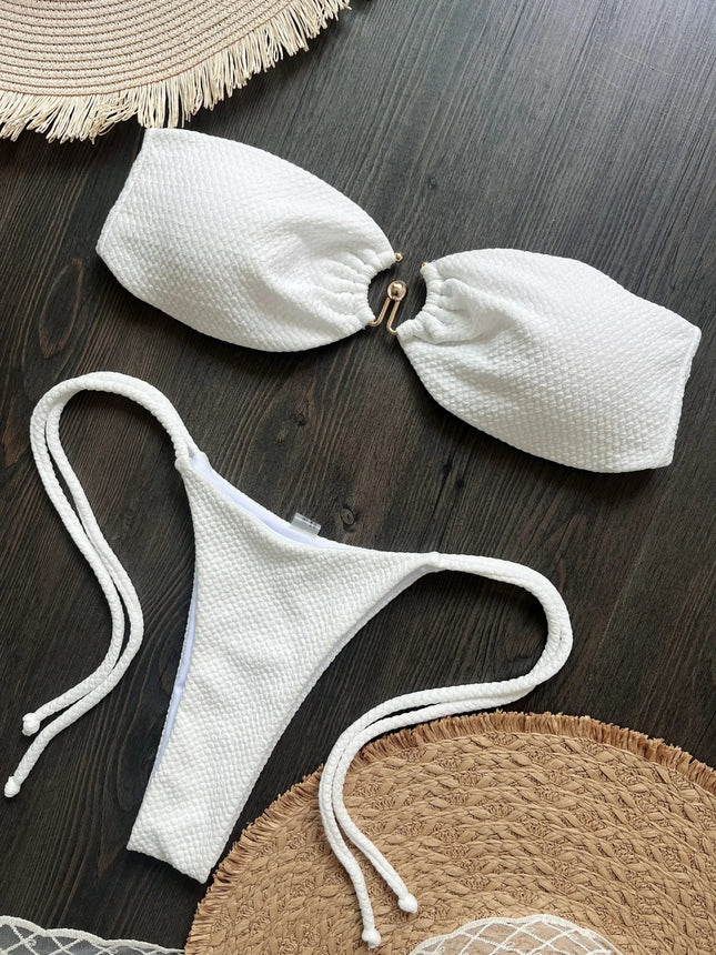 Nuovo Costume da Bagno Bikini Donna a Due Pezzi con Fascia Arricciata, Anello in Metallo e Perizoma platinumshop