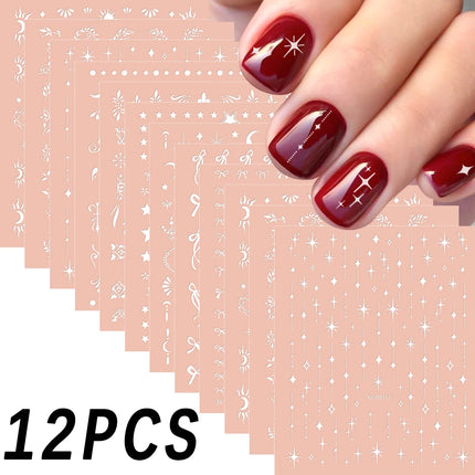 12Pcs 3D Laser Silver Star Ribbon Nail Stickers Y2K Stars Moon Sun Self-Adhesive Slider Exquisite Flower Leaf DIY Manicure Decal