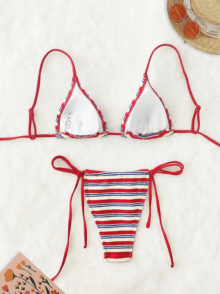 Costume da bagno due pezzi sexy push-up da donna 2026, micro bikini a righe, set mare trendy