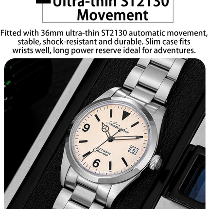 ADDIESDIVE AD2556 Men Luxury Automatic Watch ST2130 Movement 36mm Explorer Style Sapphire Bubble Crystal BGW9 Luminous 100M Wate