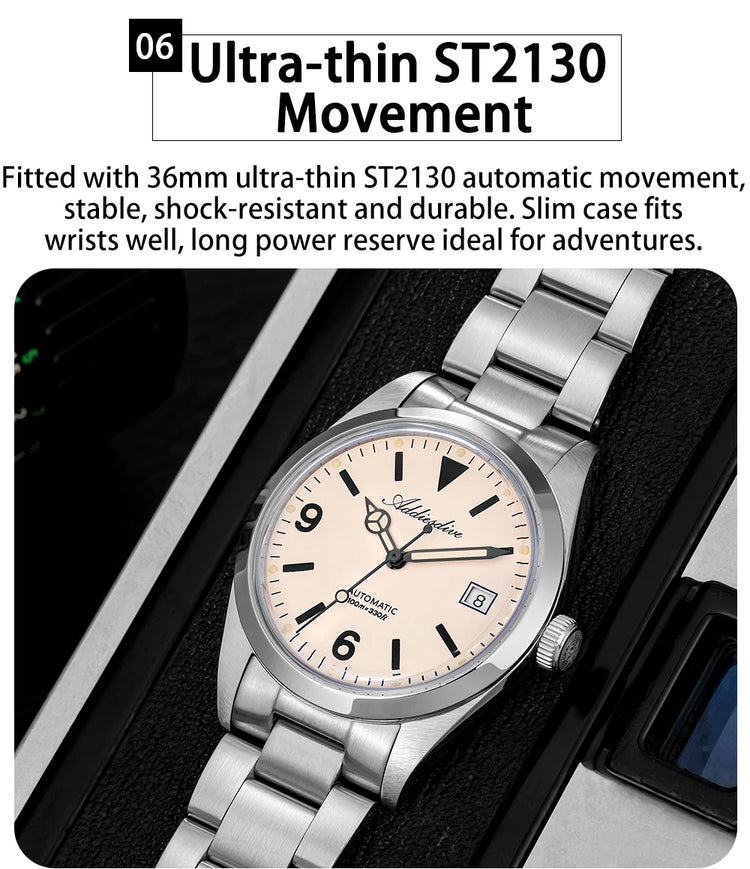 ADDIESDIVE AD2556 Men Luxury Automatic Watch ST2130 Movement 36mm Explorer Style Sapphire Bubble Crystal BGW9 Luminous 100M Wate