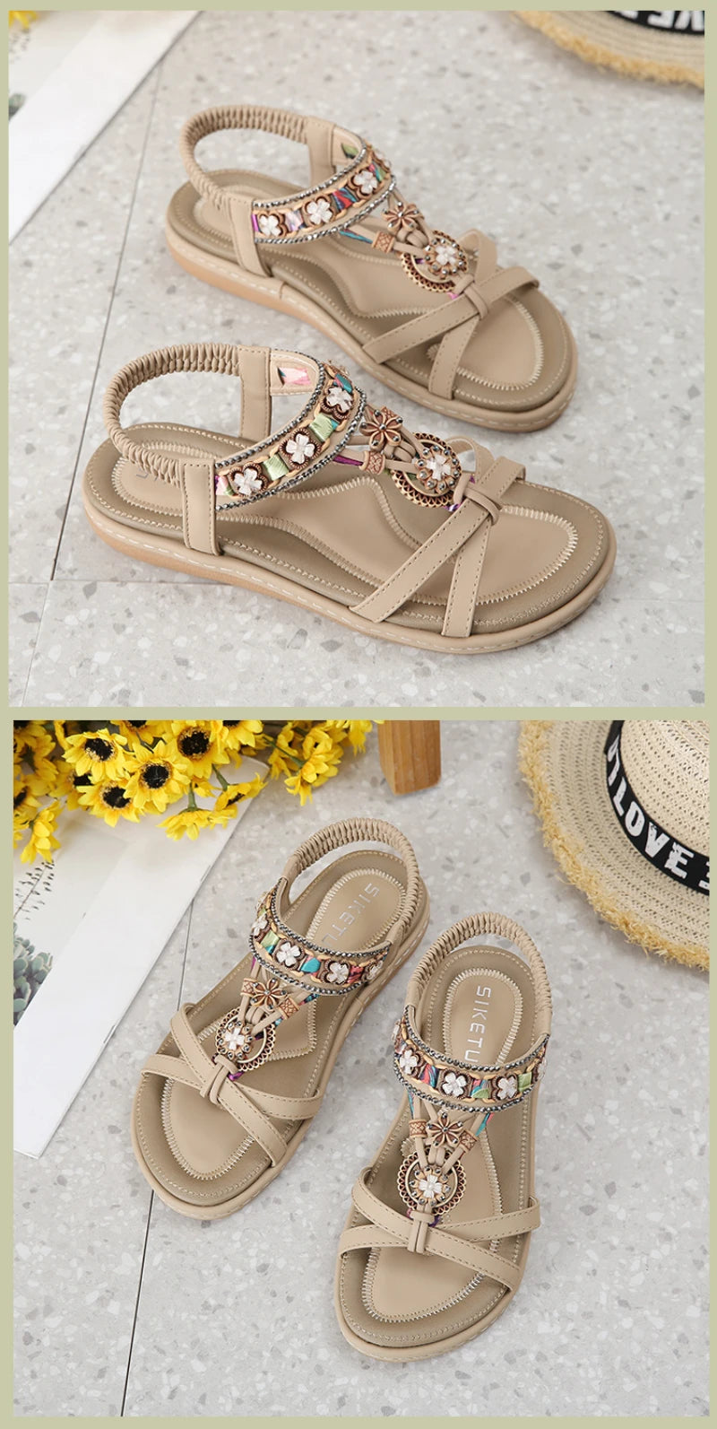 Summer 2025 Pomesian Rhinestones Comfortable And Casual Beach Flat Sandals For Women Ethnic Style Leisure Comfortable And Simple