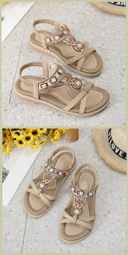 Summer 2025 Pomesian Rhinestones Comfortable And Casual Beach Flat Sandals For Women Ethnic Style Leisure Comfortable And Simple