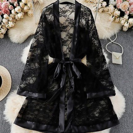 Vestido de talla grande de encaje negro con ribetes de satén: lazo en la cintura, tejido transparente para un elegante y sexy atuendo de estar en casa.seksi iç çama beheları kadın
