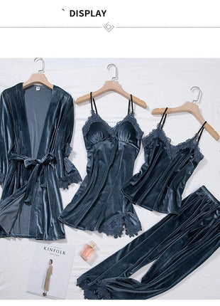 TOP Casual Velluto Abbigliamento per la casa 4 pezzi Set da notte Intimo Lingerie Pigiama da donna Completo a maniche lunghe in pizzo Velluto Homewear Pigiama set