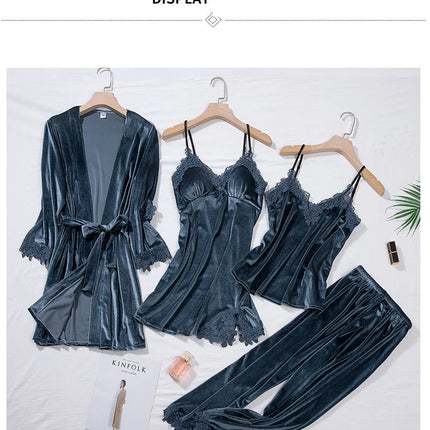 TOP Casual Velluto Abbigliamento per la casa 4 pezzi Set da notte Intimo Lingerie Pigiama da donna Completo a maniche lunghe in pizzo Velluto Homewear Pigiama set