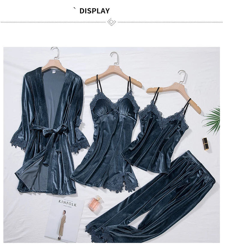 TOP Casual Velluto Abbigliamento per la casa 4 pezzi Set da notte Intimo Lingerie Pigiama da donna Completo a maniche lunghe in pizzo Velluto Homewear Pigiama set