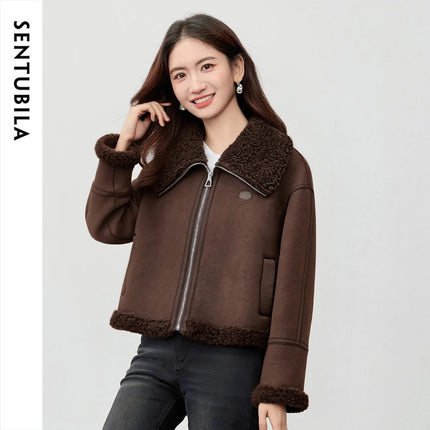 SENTUBILA Women's Faux Suede Coat Plush Lapel Zipper Faux Leather Cropped Jacket 2026 Winter Retro Ladies Outerwear W54PD5913