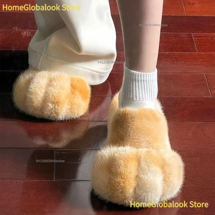 Women Kawaii Furry Cat Paw Slippers, Imitation Fur Fluffy Plush Warm Home Shoes, Comfort Flat Heel Cute Cat Slippers for Bedroom Indoor Daily Wear