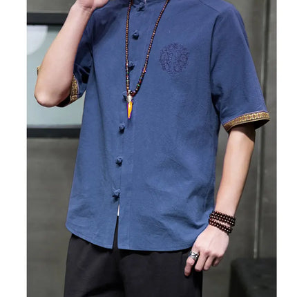 Camicie da Uomo Ricamate in Stile Cinese Retrò, Traspiranti in Lino, Comode, Casual Kung Fu, Abito Tang con Colletto Rialzato