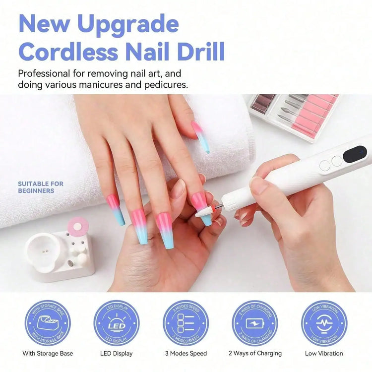 Rechargeable Electric Nail Drill Machine, Professional Nail File Kit with 11pcs Nail Drill Bits, Sanding Bands, 3 Speed Settings for Manicure & Pedicure, White