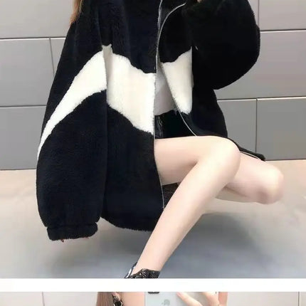 Warm Stand collar Faux fur Winter Jacket Female 2024 New Korean Loose Thick Lamb wool Coat Short Stitching Womens Parkas Outwear