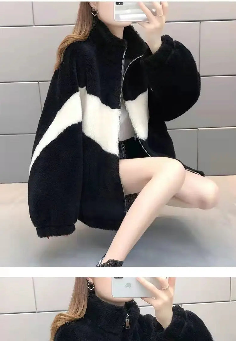 Warm Stand collar Faux fur Winter Jacket Female 2024 New Korean Loose Thick Lamb wool Coat Short Stitching Womens Parkas Outwear