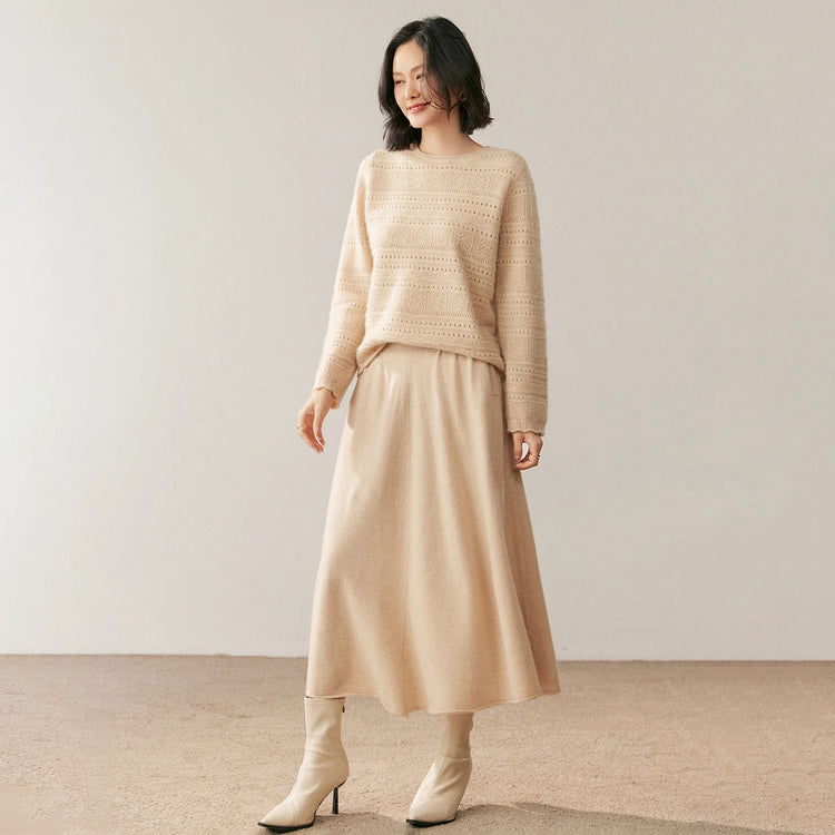 High quality Women's 100% Cashmere High Waisted Umbrella Skirt Autumn Winter Elastic Knitted Fabric Breathable Warm Soft Comfort PlatiNum
