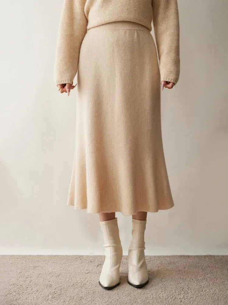 Autumn Winter Women New 100% Cashmere Fishtail Skirt  Mid Length Slimming High Waisted Knitted Umbrella Skirt Elegant Dress PlatiNum