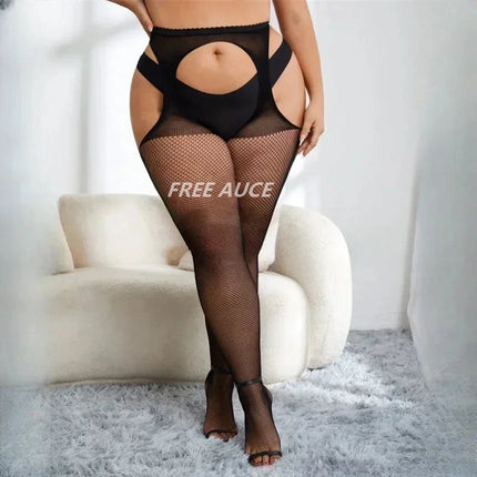 FREEAUCE Plus Size Hollow Mesh Fishnet Sexy sopra il ginocchio Calzini alti alla coscia Top in pizzo nero Stay Up Calze antiscivolo per le donne XXXL