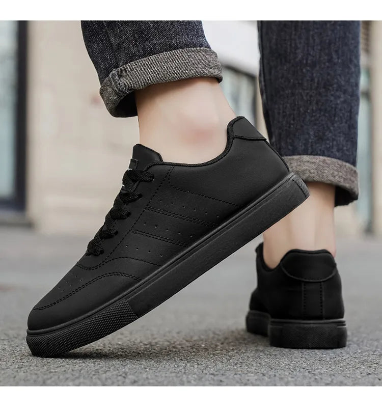 Men Classic Leather Skate Shoes Lace Up Flat Casual Sneakers Non Slip Daily Walking Footwear Black White 2 Colors