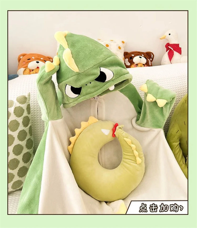Cartoon Animal Fox Pajamas Women's Winter Coral Fleece Thickened One-Piece Plush Cute Long Hooded Plus Size Robe Home Wear