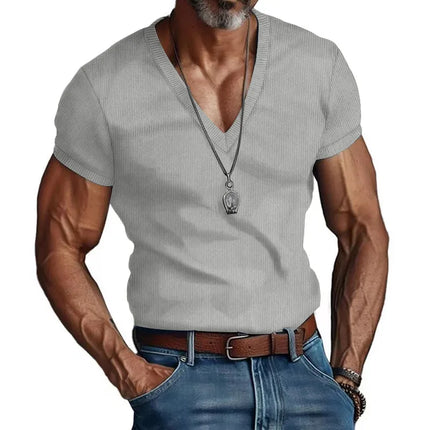 Men's European and American Summer Corduroy Solid Color Slim Casual V-Neck T-Shirt Amazon