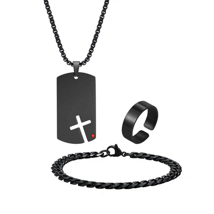 Set di 3 Pezzi: Collana Dogtag per Uomini e Ragazzi, Bracciale con Catena Cubana in Acciaio Inossidabile, Set di Anelli Impermeabili Regalo platinumshop
