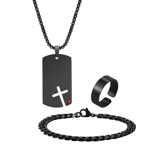 Set di 3 Pezzi: Collana Dogtag per Uomini e Ragazzi, Bracciale con Catena Cubana in Acciaio Inossidabile, Set di Anelli Impermeabili Regalo platinumshop