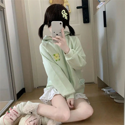 Women Clothing Anime Zip-up Hoodie Jackets Cat Embroidery Cute Outerwear Hooded Casual Fashion Sweatshirts Japanese Cute Tops