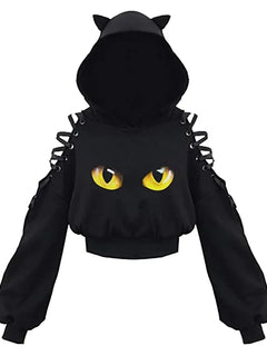 Y2k Gothic Womens Hoodie Cat Ear Crop Top Hooded Sweatshirt Hollow Out Lace Up Long Sleeve Hodded Casual Pullover Autumn
