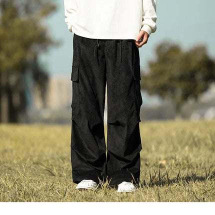 2025 autumn and winter new retro brown corduroy multi pocket workwear pants for men, loose drawstring elastic waist pants