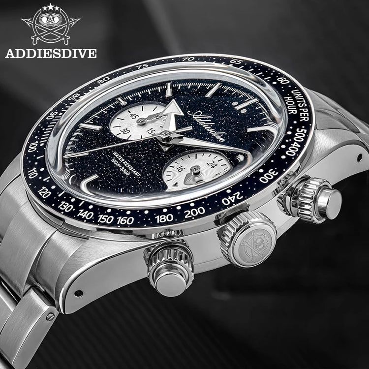 ADDIESDIVE New Quartz Watch Luxury VK64 Chronograph Men Wristwatches BGW9 Luminous Diving 100m Waterproof 316L Stainless Steel