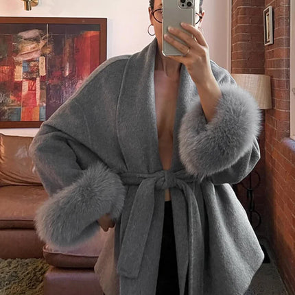 Elegant Lace Up Woolen Short Coat Solid Loose Lapel Furry Long Sleeve Belt Waist Jacket 2026 Spring Autumn Lady Chic Cardigan