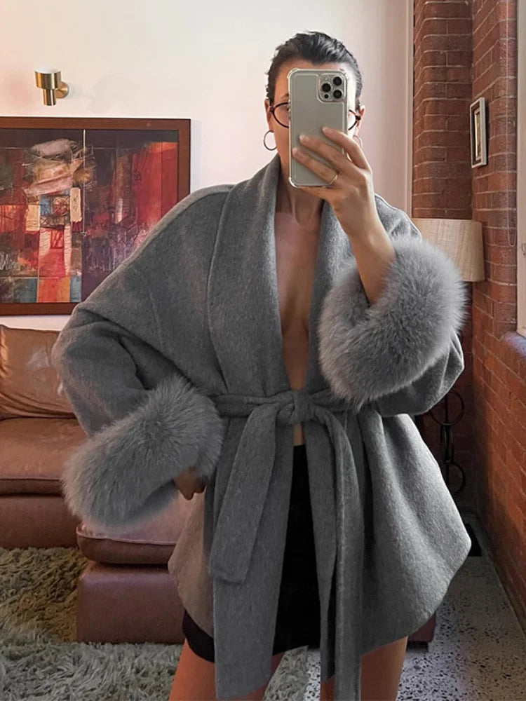 Elegant Lace Up Woolen Short Coat Solid Loose Lapel Furry Long Sleeve Belt Waist Jacket 2026 Spring Autumn Lady Chic Cardigan