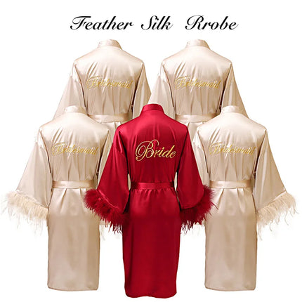 Donna piuma sposa damigella d'onore abito da sposa raso Kimono accappatoio abito da notte ricamo lettera camicia da notte scollo a v Lingerie