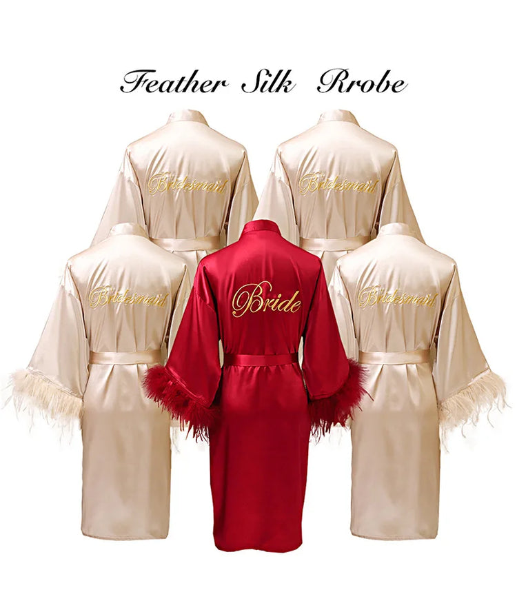 Donna piuma sposa damigella d'onore abito da sposa raso Kimono accappatoio abito da notte ricamo lettera camicia da notte scollo a v Lingerie