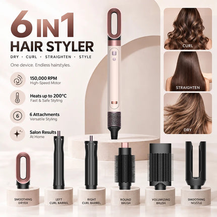 Professional 6 in 1 Cold Hot Air Styling Brush Hair Dryer Curling Iron Straightener Flat Iron 1700W Fast Dry Voluminous Waves