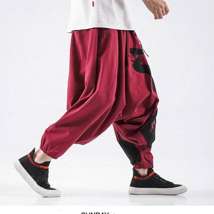 Pantaloni alla moda da uomo Samurai giapponese Ukiyo-e Cintura con stampa Pantaloni stile harem da uomo in cotone e lino Casual Oversize Harajuku Pantaloni a gamba larga da uomo