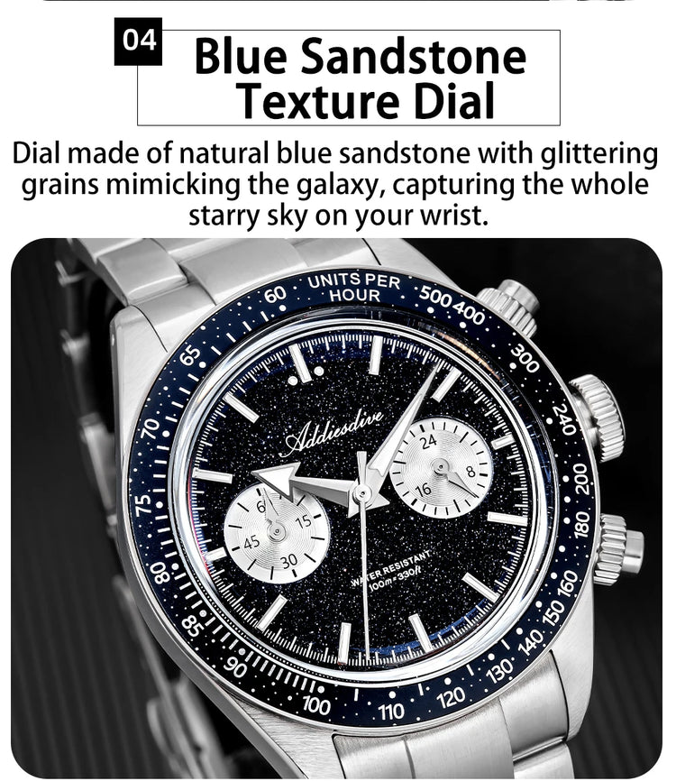 ADDIESDIVE New Quartz Watch Luxury VK64 Chronograph Men Wristwatches BGW9 Luminous Diving 100m Waterproof 316L Stainless Steel
