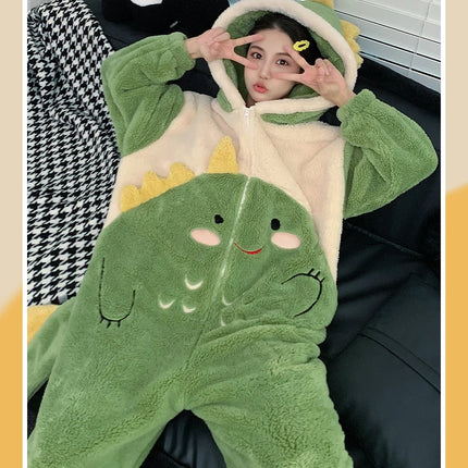 Couples Kigurumis Dinosaur Pajamas Jumpsuits Sleepwear Women Men Winter Thicken Hooded Cartoon Pyjamas Coral Fleece Loose Soft