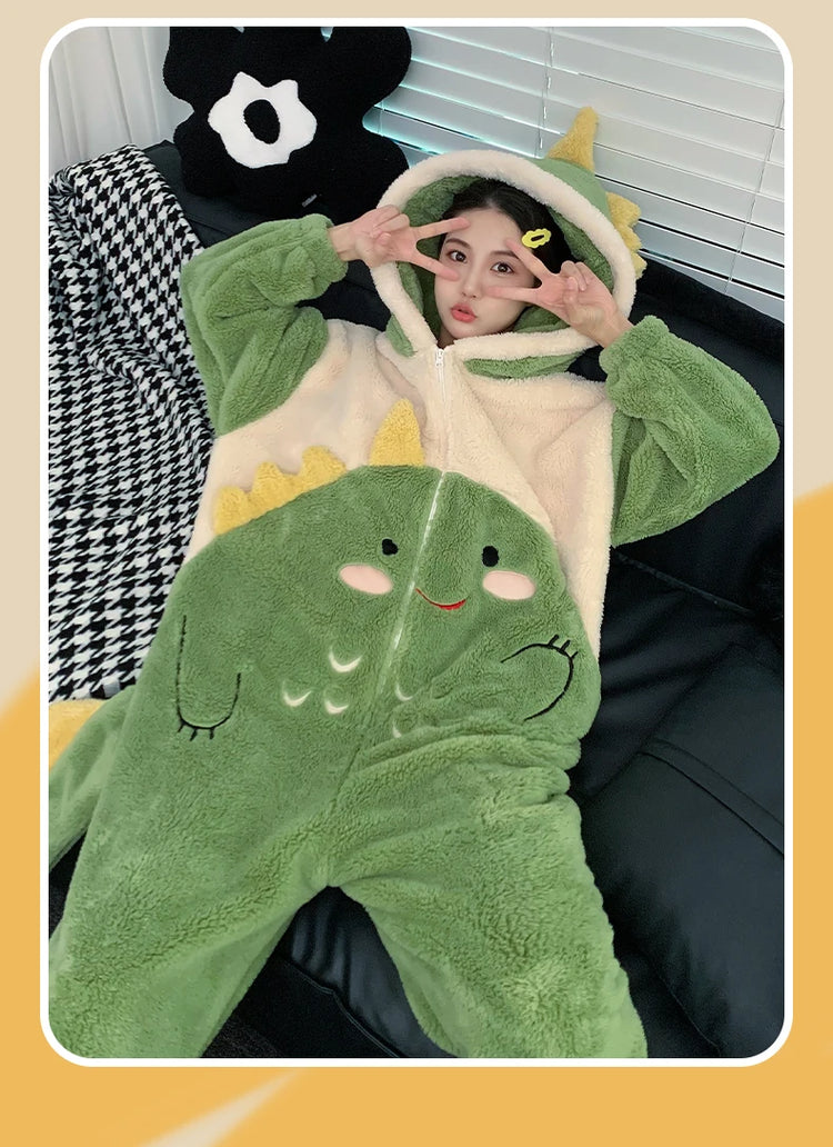 Couples Kigurumis Dinosaur Pajamas Jumpsuits Sleepwear Women Men Winter Thicken Hooded Cartoon Pyjamas Coral Fleece Loose Soft