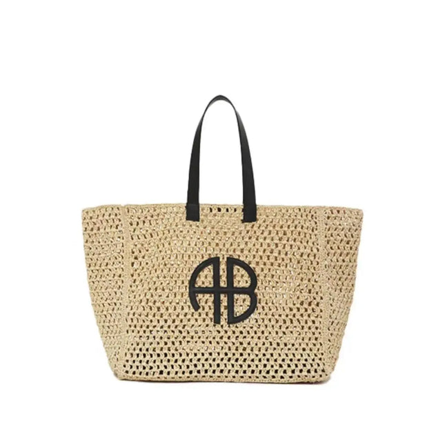Large Capacity AB Letter Woven Straw Tote Bag, Beach Vacation Women's Striped RIO City Simple Style Casual Travel Bag