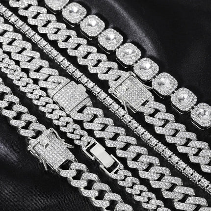 Hip Hop Men Women 14MM Prong Cuban Link Chain Necklace Bling Iced Out Tennis Chain Rhinestone Paved Miami Cuban Necklace Jewelry PlatiNum